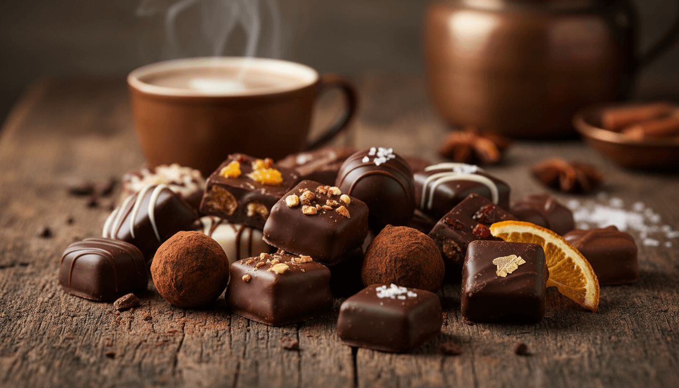 Close-up of freshly made gourmet chocolate confections with elegant presentation